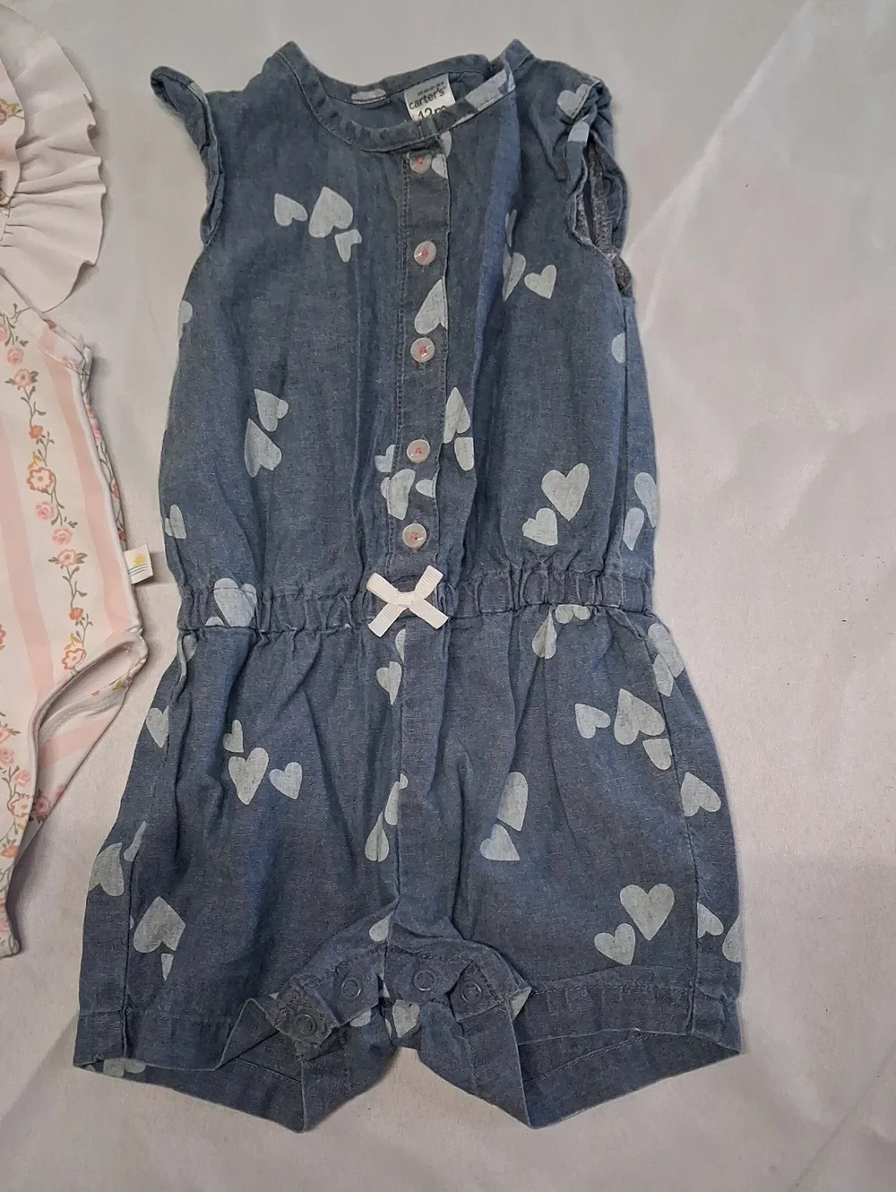 NWT Chickpea Pink Floral Stripe Ruffle Swimsuit & Heart Print Blue Denim Romper